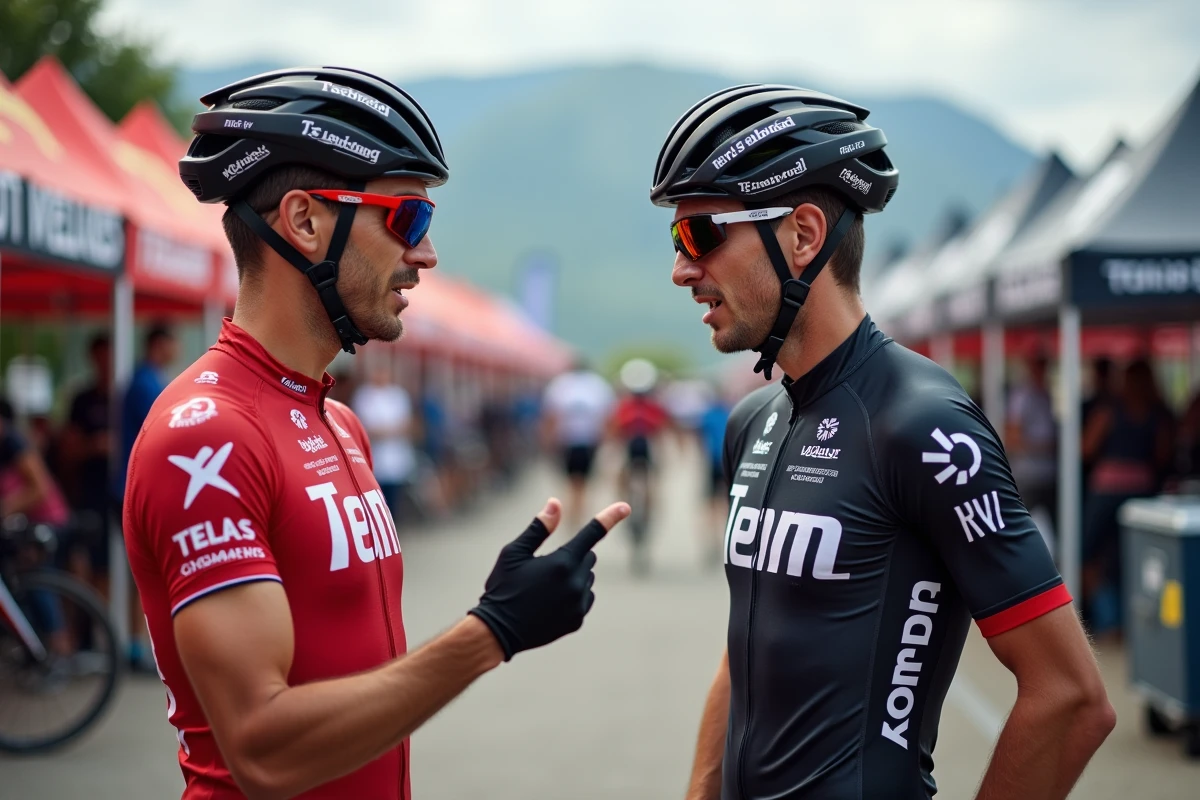 Deux cyclistes de différentes équipes WorldTour en discussion dans le paddock d'une course, évoquant les négociations du mercato cyclisme 2026