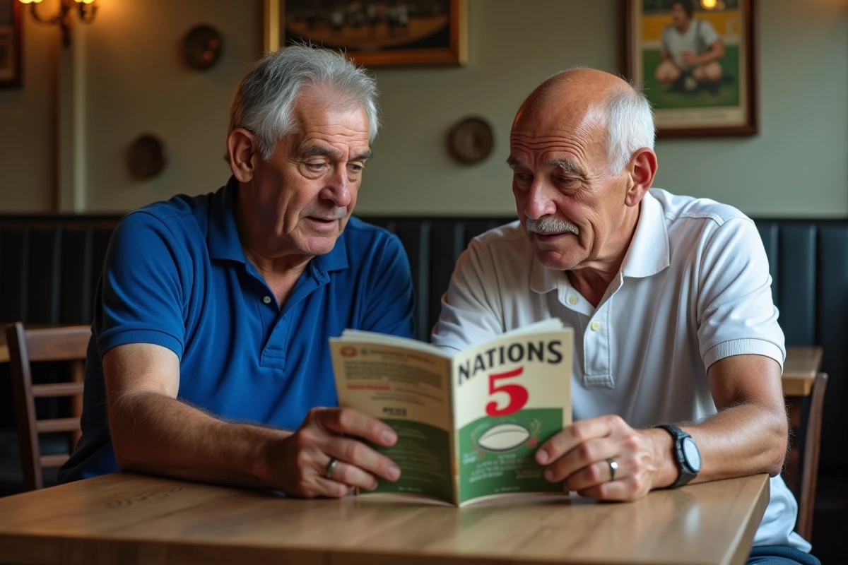 Deux anciens joueurs de rugby français discutant d'un programme vintage du Tournoi des Six Nations dans une brasserie parisienne