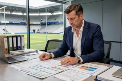 Dirigeant de club de Ligue 1 analysant les budgets et documents financiers dans un bureau administratif avec vue sur le stade