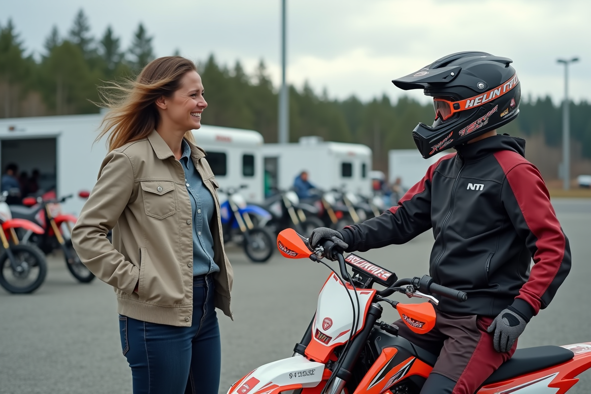 Femme et adolescent discutant motocross devant bikes