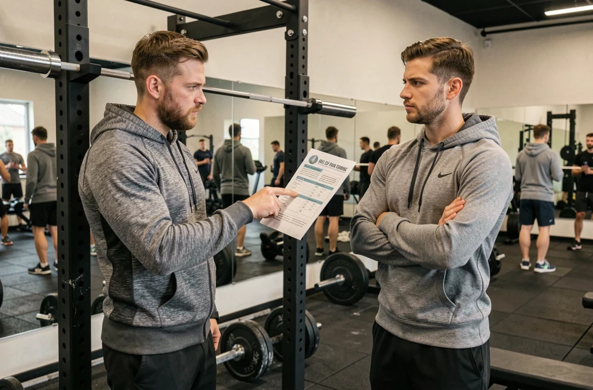 Deux sportifs discutant de la fiabilité d'un programme de musculation dans une salle de sport
