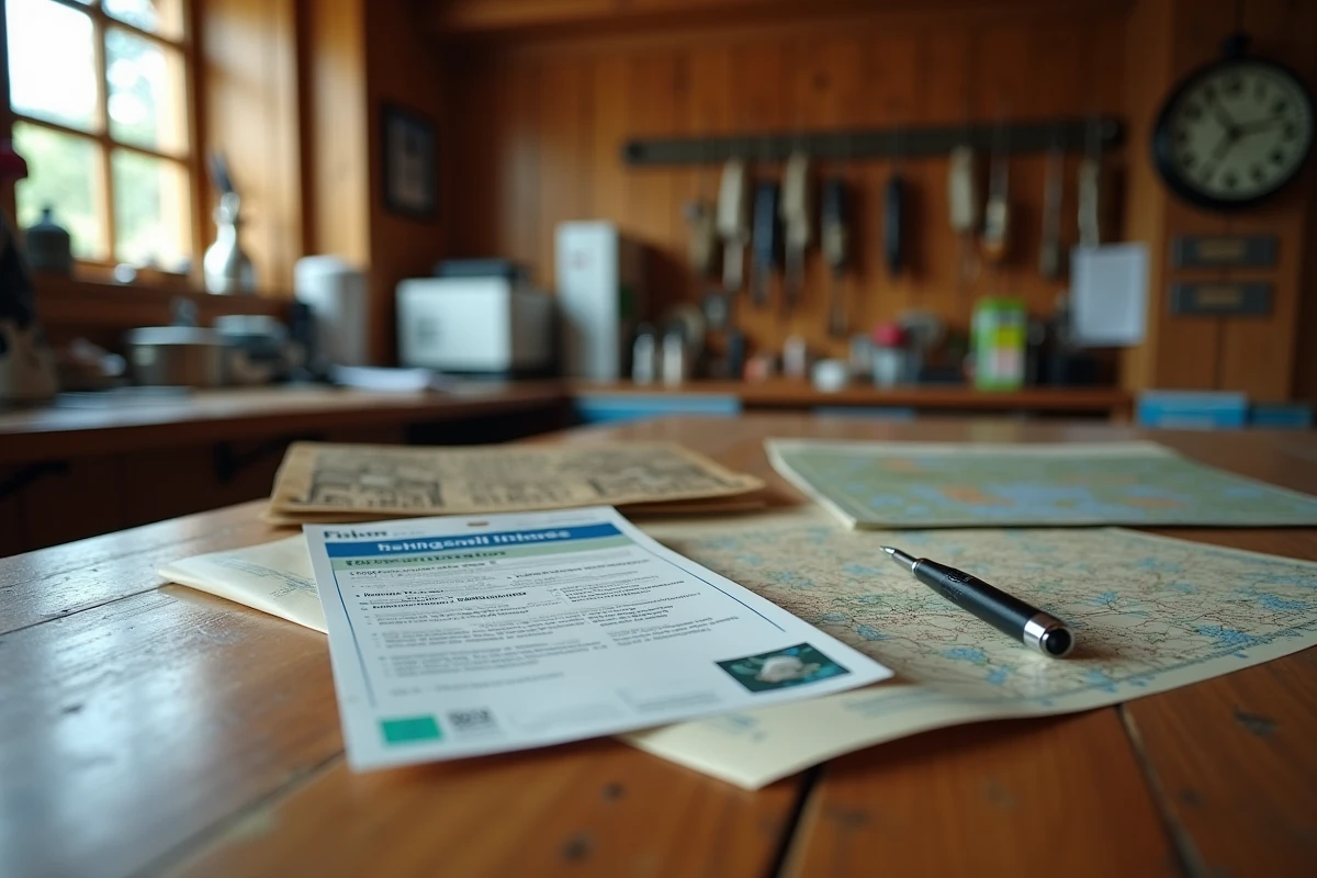 Documents de carte de pêche 2026 posés sur une table en bois, brochure fédération de pêche, permis départemental et réciprocité