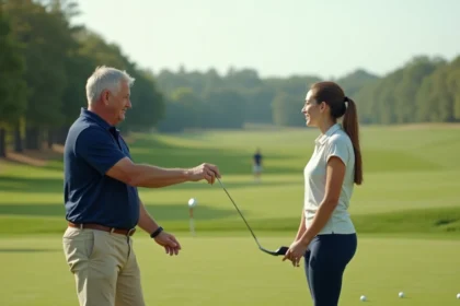 Instructeur de golf souriant montrant un swing à une jeune femme