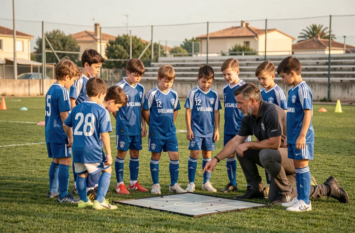 Jeunes joueurs du Sporting Club Aubagne Air Bel en séance d'entraînement avec leur coach sur le terrain
