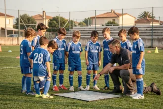 Jeunes joueurs du Sporting Club Aubagne Air Bel en séance d'entraînement avec leur coach sur le terrain