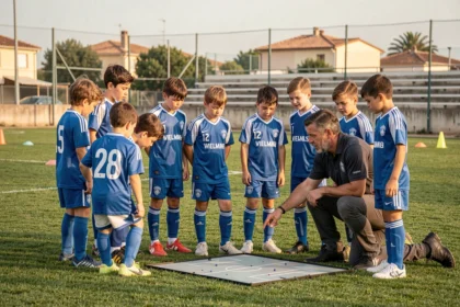 Jeunes joueurs du Sporting Club Aubagne Air Bel en séance d'entraînement avec leur coach sur le terrain