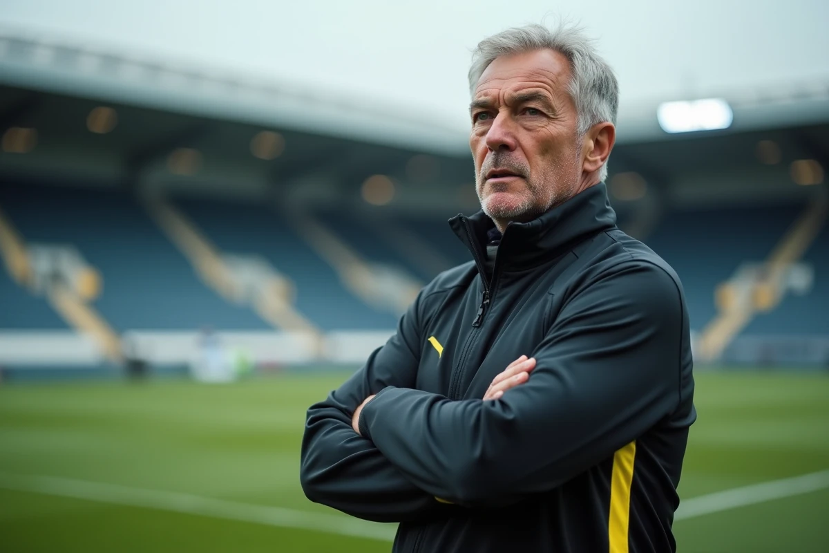 Entraîneur en bord de terrain lors d'un match tendu du FC Nantes, illustrant les crises et rebondissements du club