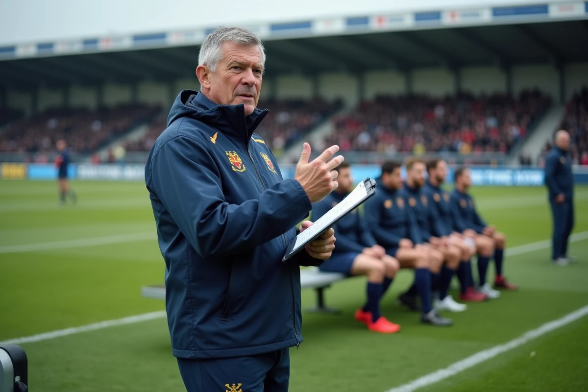 Entraîneur de rugby en bord de terrain lors d'un match de Fédérale 2 Poule 3, dirigeant son équipe en fin de saison