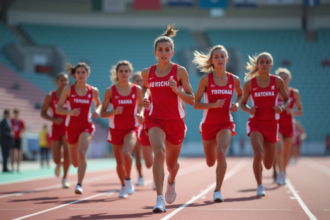 Groupe d'athletes en relais sur piste extérieure