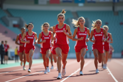 Groupe d'athletes en relais sur piste extérieure