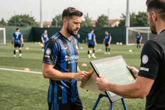 Joueur de l'Inter Milan étudiant un tableau tactique lors d'un entraînement en 2026