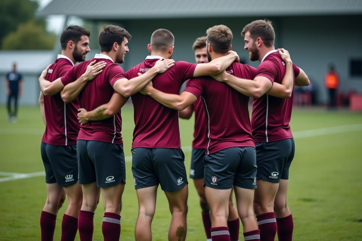 Groupe de joueurs de rugby en cercle avant le match, esprit d'équipe et cohésion lors d'une rencontre de Fédérale 2