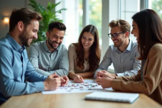Groupe de professionnels souriants autour d'un puzzle en bureau