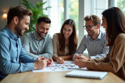 Groupe de professionnels souriants autour d'un puzzle en bureau