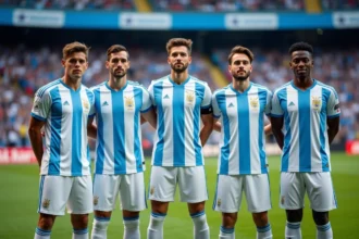 Groupe de joueurs argentins en tenue officielle sur le terrain