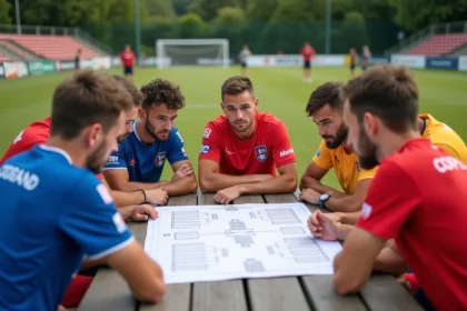 Groupe de joueurs de football amateurs regardant le tableau de la coupe