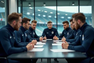 Groupe de footballeurs en réunion dans un bureau moderne