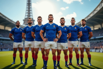 Groupe de joueurs de rugby français sur le terrain avec la Tour Eiffel