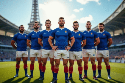 Groupe de joueurs de rugby français sur le terrain avec la Tour Eiffel