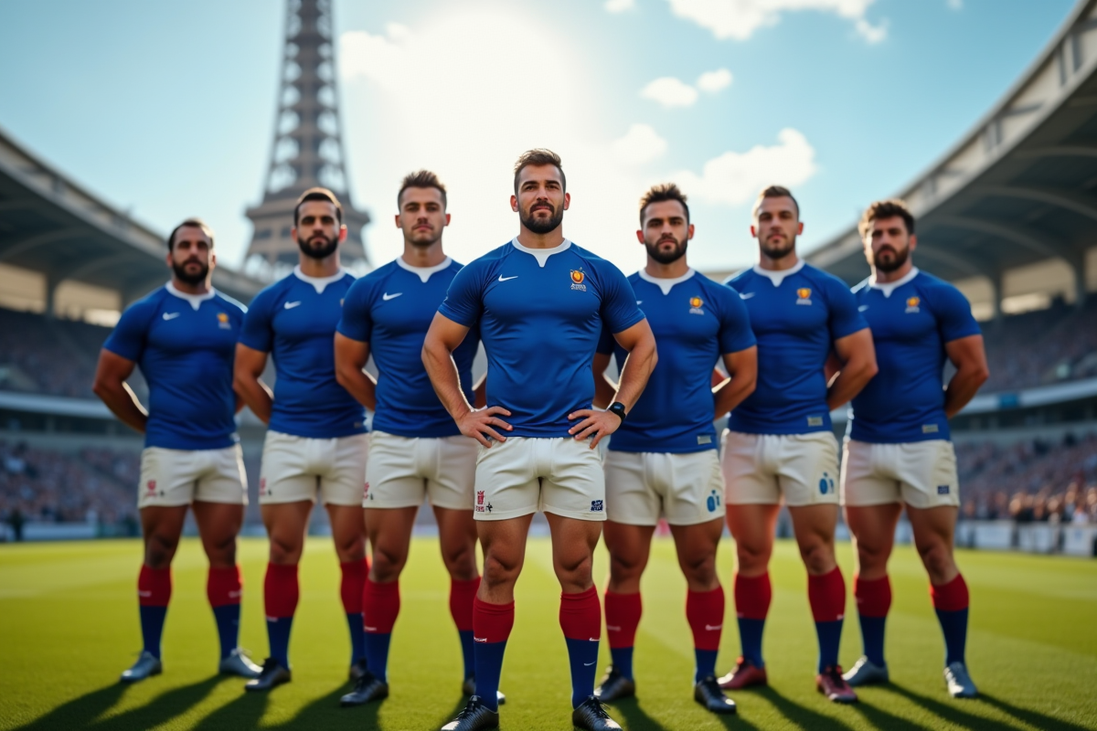 Groupe de joueurs de rugby français sur le terrain avec la Tour Eiffel