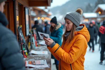 Skieuse frustrée comparant les prix de forfaits ski aux Menuires au guichet d'une station alpine