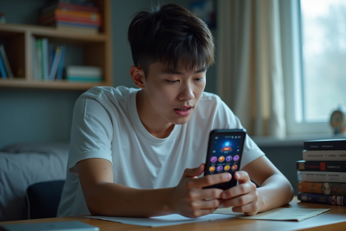 Jeune joueur étudiant le système de classement par rangs de League of Legends sur son smartphone dans une chambre universitaire