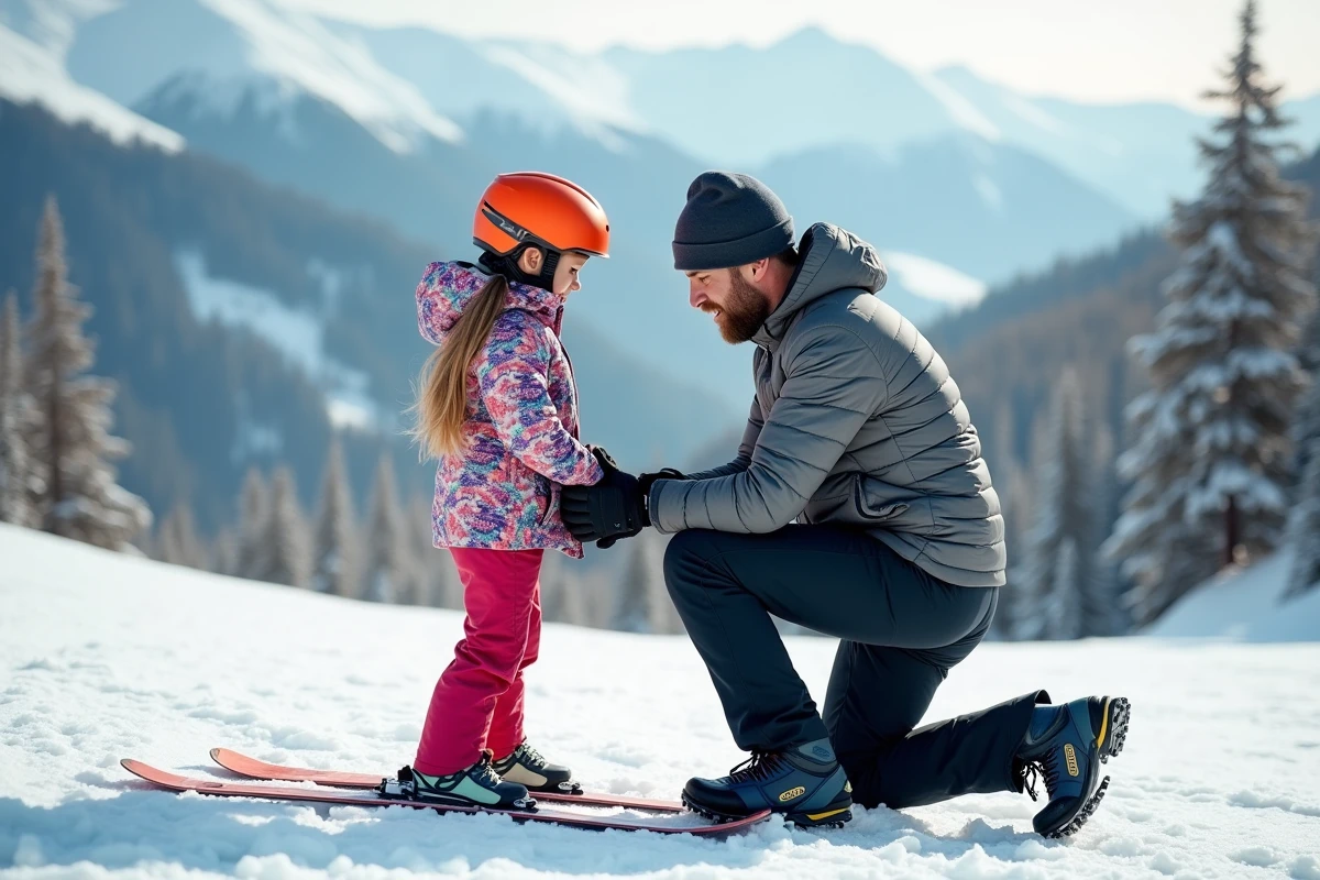 Famille ajuste ses skis dans la neige en montagne