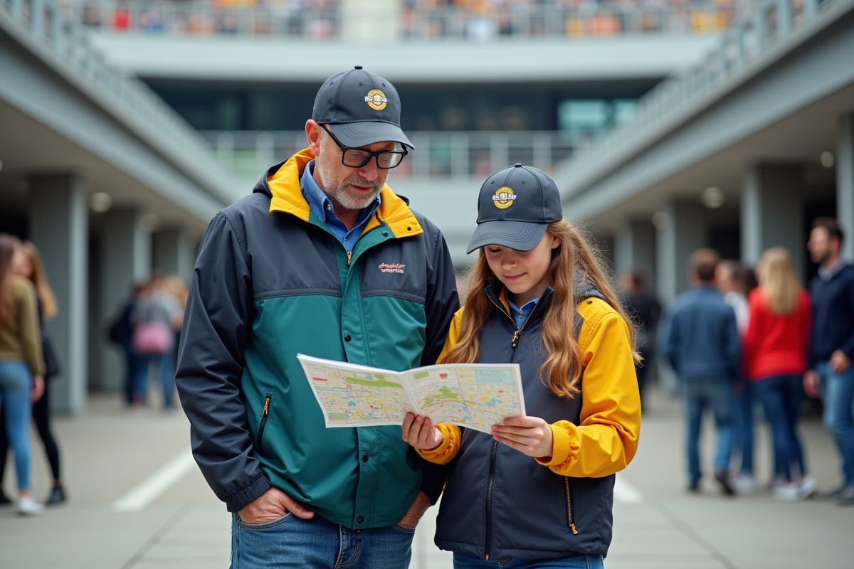 Père et fille consultent plan avant la course au stade