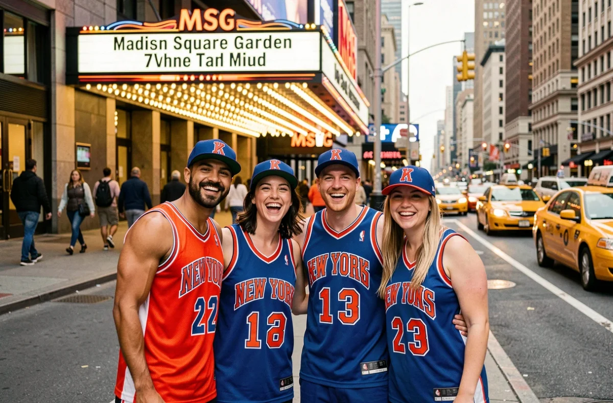Groupe d'amis fans des Knicks en tenues NBA devant l'entrée du Madison Square Garden à New York avant un match