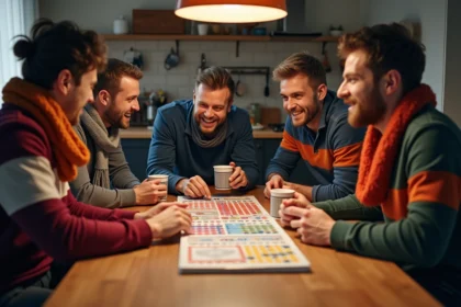 Groupe de fans de rugby discutant autour d'une table à la maison
