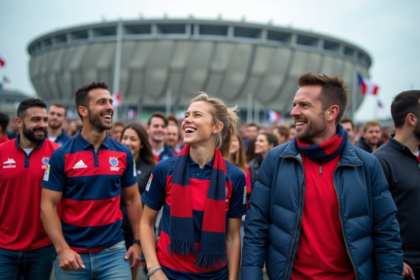 Supporters de rugby souriants devant le Stade de France