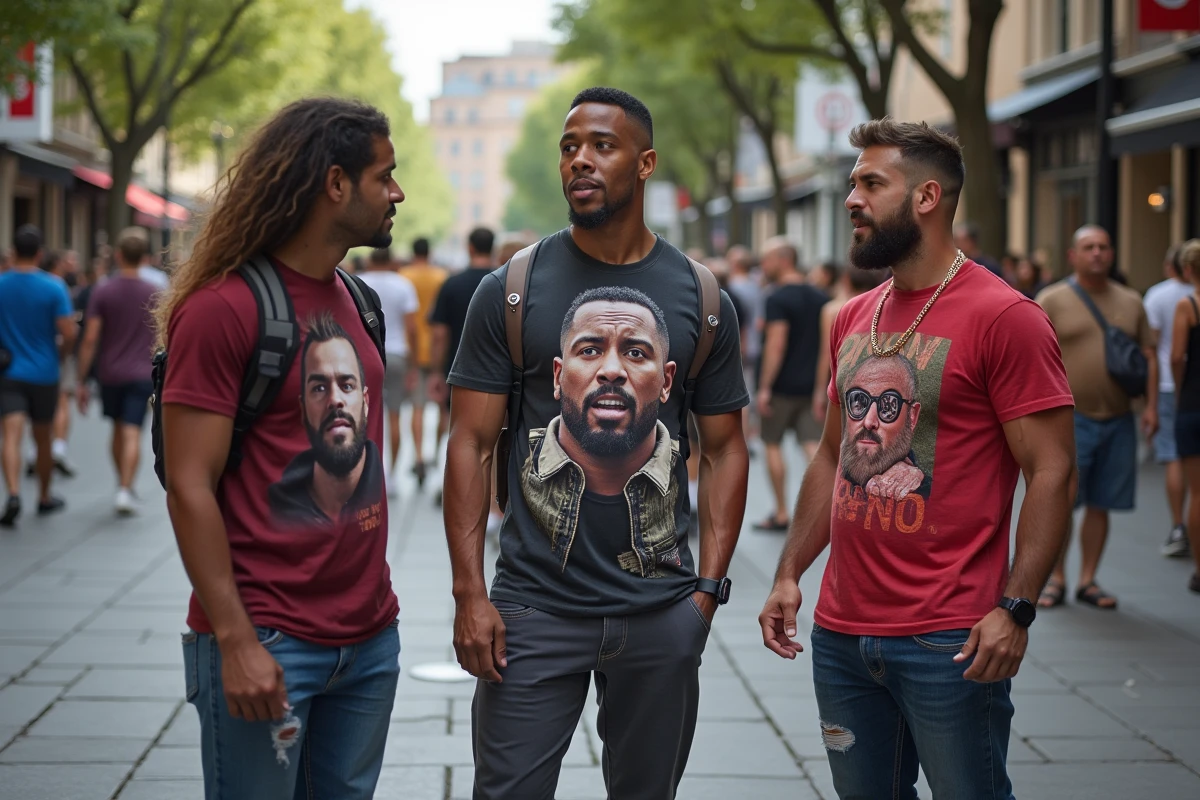 Fans de catch discutant devant une affiche urbaine