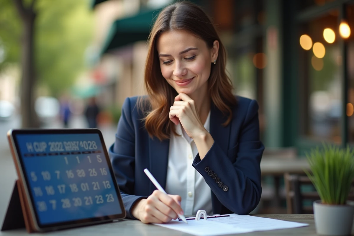 Jeune femme au café utilisant une tablette pour le calendrier rugby