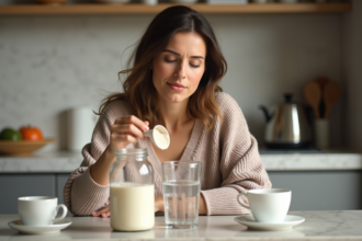Femme décontractée préparant de la protéine dans la cuisine