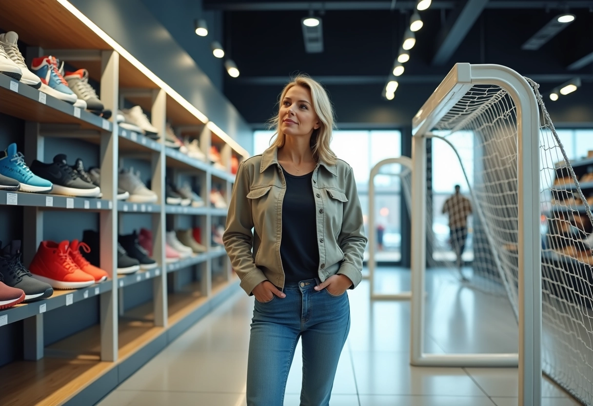 Femme dans un magasin de sport compare deux buts de football