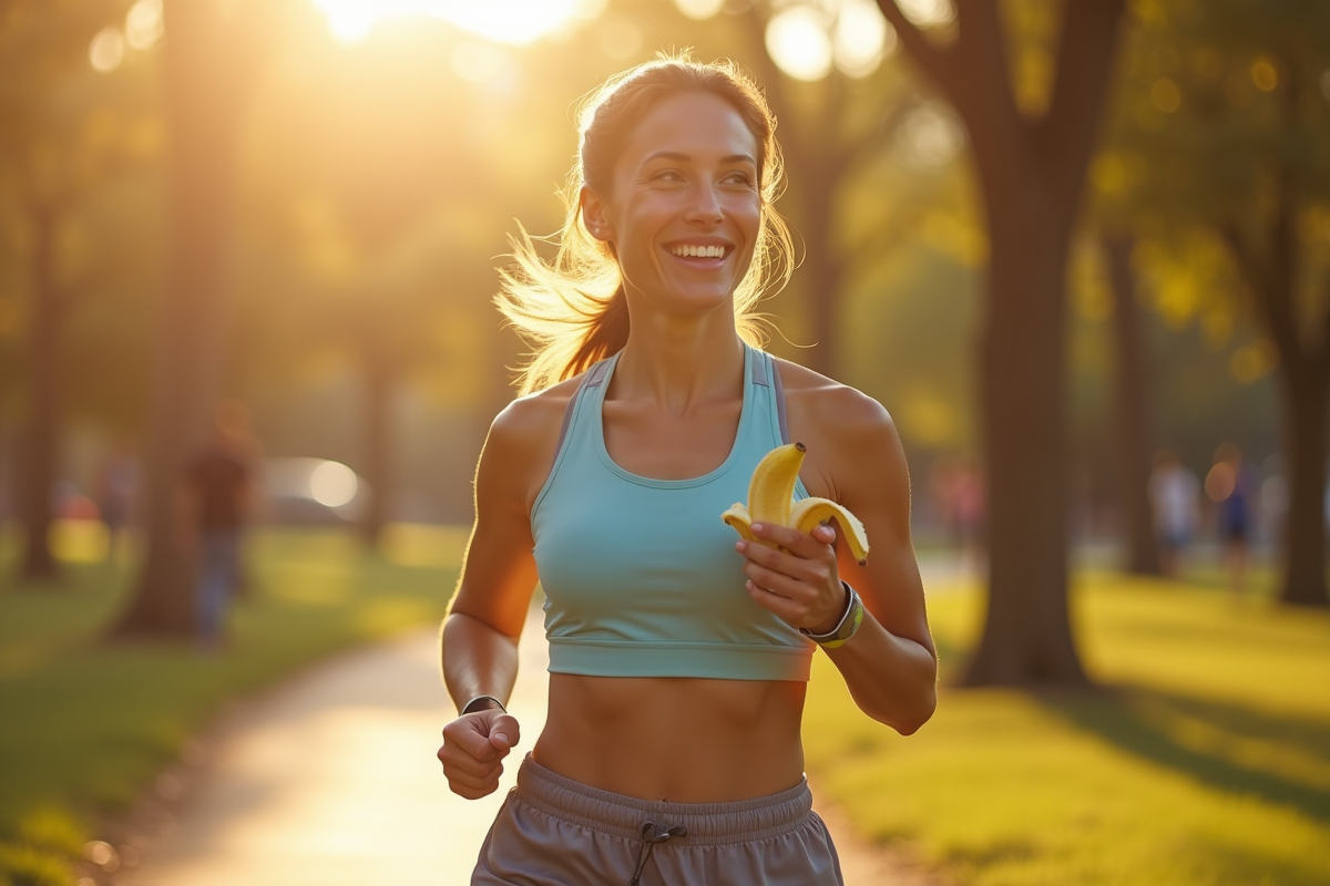 Femme souriante avec banane dans un parc en plein air