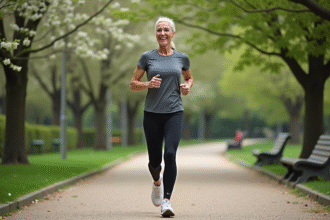 Femme d'âge moyen courant dans un parc urbain verdoyant