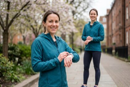 Jeune femme en course urbaine ajustant sa montre connectée