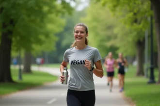 Jeune femme en T-shirt vegan en pleine course dans un parc urbain