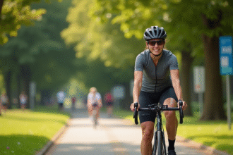Femme en tenue de sport à vélo sur un chemin ensoleille dans un parc