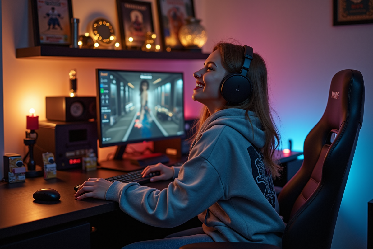 Jeune femme gamer célébrant une victoire dans son salon