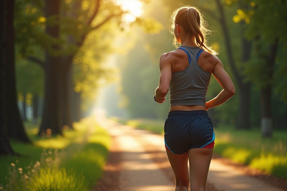 Femme sportive courant en nature avec montre connectee