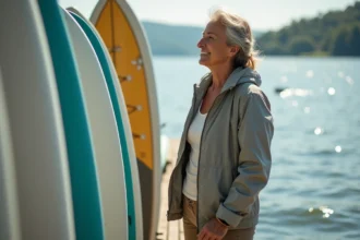 Femme examinant des paddleboards au bord du lac