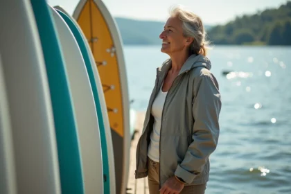 Femme examinant des paddleboards au bord du lac