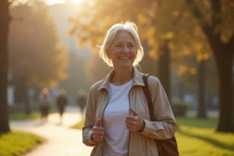 Femme souriante marchant dans un parc ensoleille