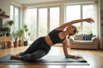 Femme en tenue de sport pratiquant Pilates dans un salon lumineux