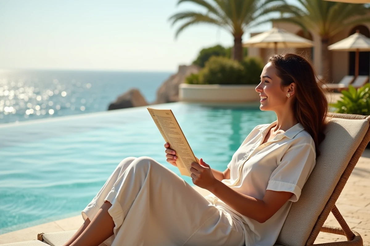 Jeune femme lisant son itinéraire au bord de la piscine