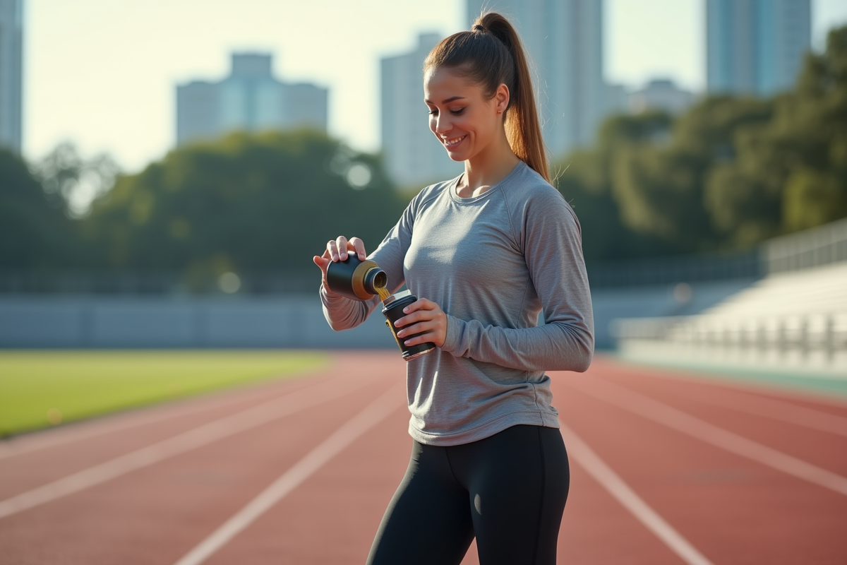 Femme active verse creatine dans sa bouteille d