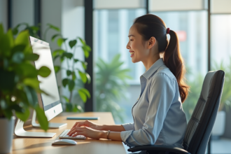 Femme assise à son bureau en posture ergonomique
