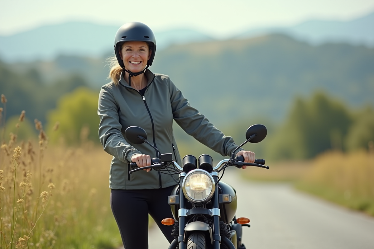 Femme avec casque près de sa moto 50 cc en campagne